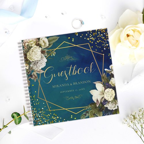 Budget Floral Emerald Green Gold Wedding Guestbook Notebook
