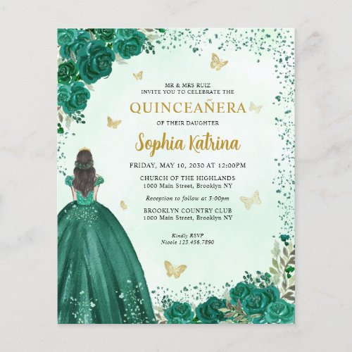 Budget Floral Emerald Green Princess Quinceanera
