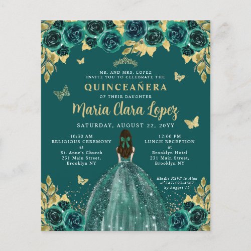 Budget Floral Emerald Green Princess Quinceanera