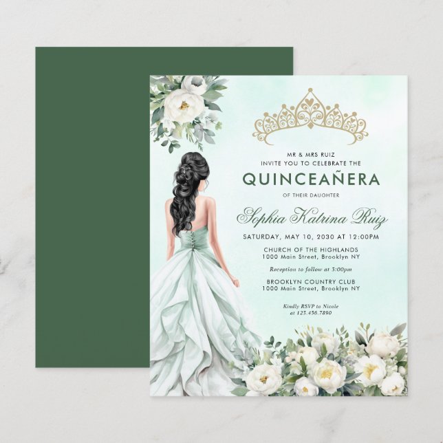 Budget Floral Emerald Green Princess Quinceañera (Front/Back)