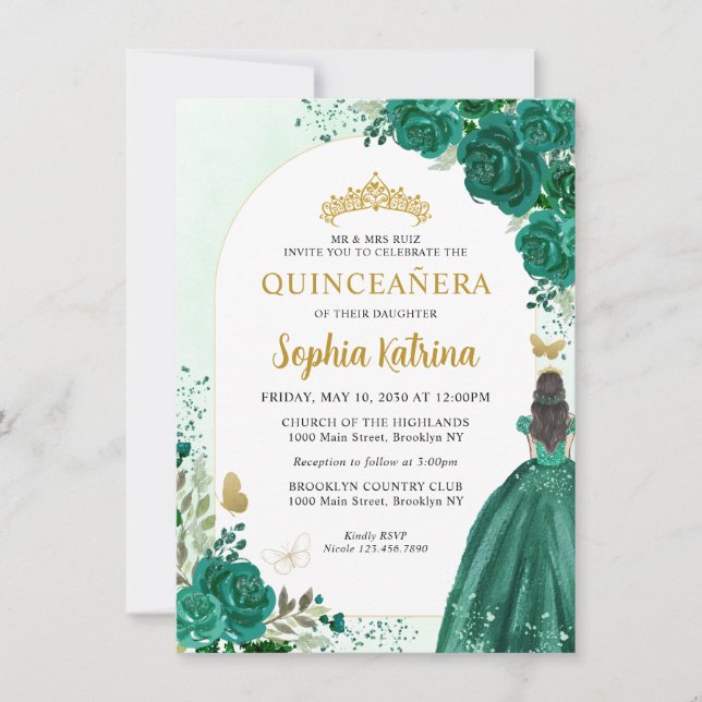Budget Floral Emerald Green Princess Quinceanera Note Card (Front)