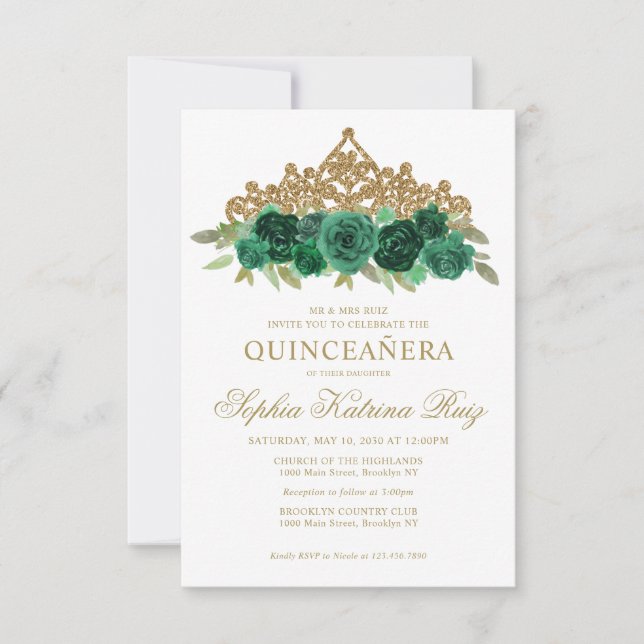 Budget Floral Emerald Green Tiara Quinceañera Note Card (Front)