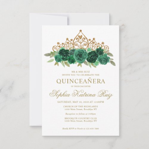 Budget Floral Emerald Green Tiara Quinceaera Note Card