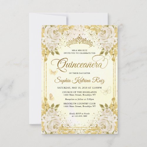 Budget Floral Faux Gold Glitter Crown Quinceaera Note Card