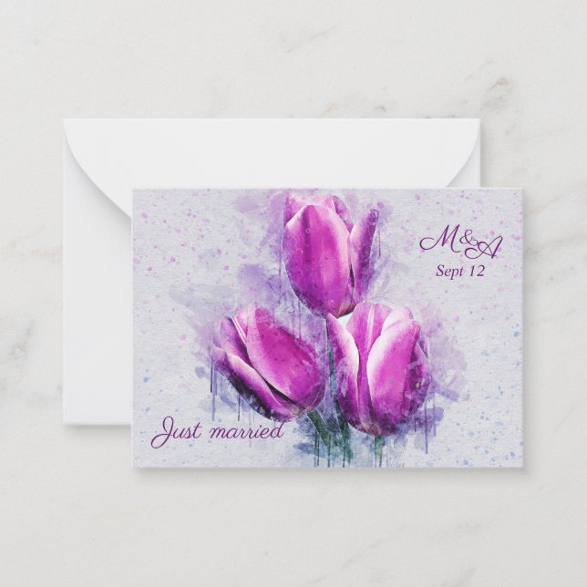 Budget. Floral, fuchsia tulips Just Married Note Card (Front)