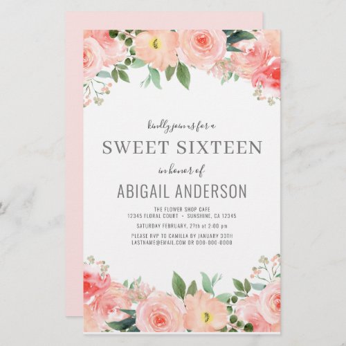 Budget Floral Girly Sweet 16 Birthday Invitation