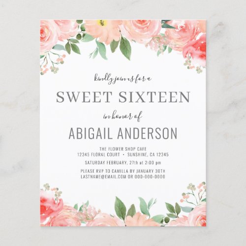 Budget Floral Girly Sweet 16 Birthday Invitation Flyer