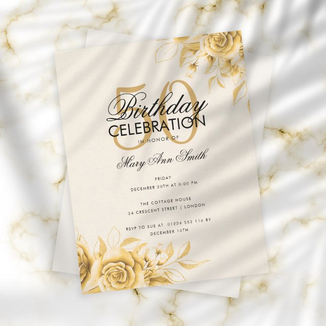 Budget Floral Glam Birthday Elegant Gold Cream Invitation (Creator Uploaded)