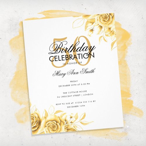 Budget Floral Glam Birthday Party Elegant Gold  Flyer