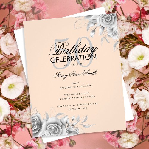 Budget Floral Glam Birthday Party Silver Blush Flyer