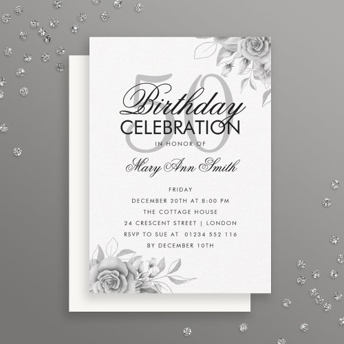 Budget Floral Glam Birthday Silver Invite