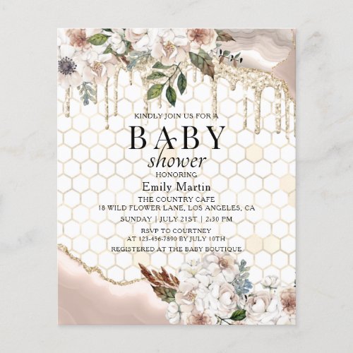 BUDGET Floral Glitter Drip Marble Baby Shower Flyer