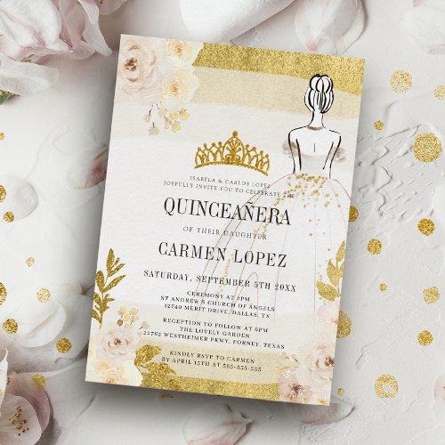 Budget Floral Glitter Gold Princess Quinceanera In Invitation