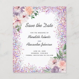 Budget Floral Glitter QR Code Save the Date Card