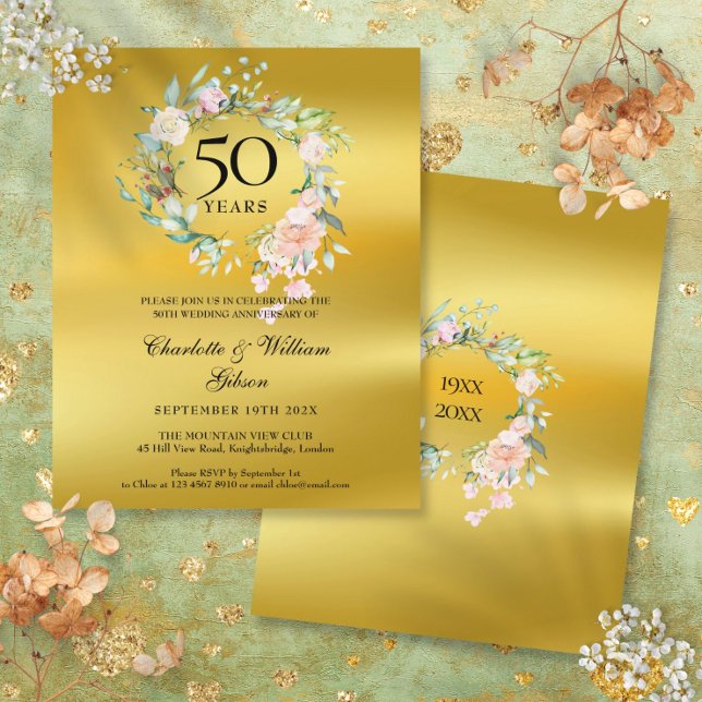 Budget Floral Gold 50th Anniversary Invitation