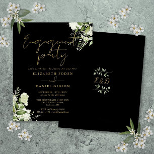 Budget Floral Gold Black Engagement Party Invite
