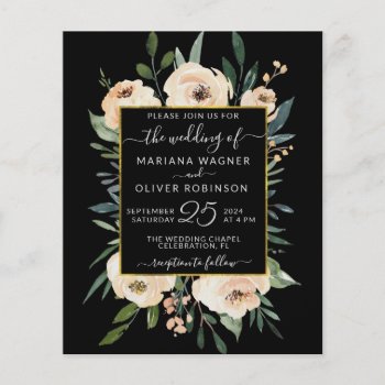 Budget Floral Gold Black Wedding Invitation Flyer by WittyPrintables at Zazzle
