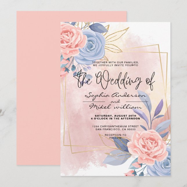 Budget Floral Gold Blue & Pink Brush wedding  Invitation (Front/Back)