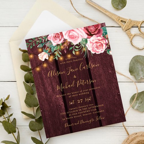 Budget floral gold burgundy wedding invitation