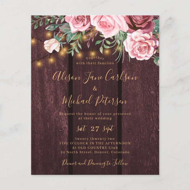 Budget floral gold burgundy wedding invitation flyer (Front)