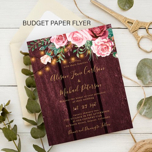 Budget floral gold burgundy wedding invitation flyer