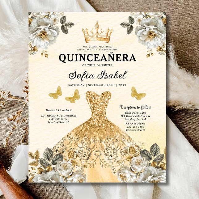 Budget Floral Gold Butterfly Princess Quinceanera (Creator Uploaded)