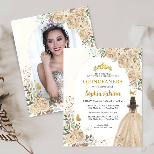 Budget Floral Gold Princess Photo Quinceañera (Creator Uploaded)