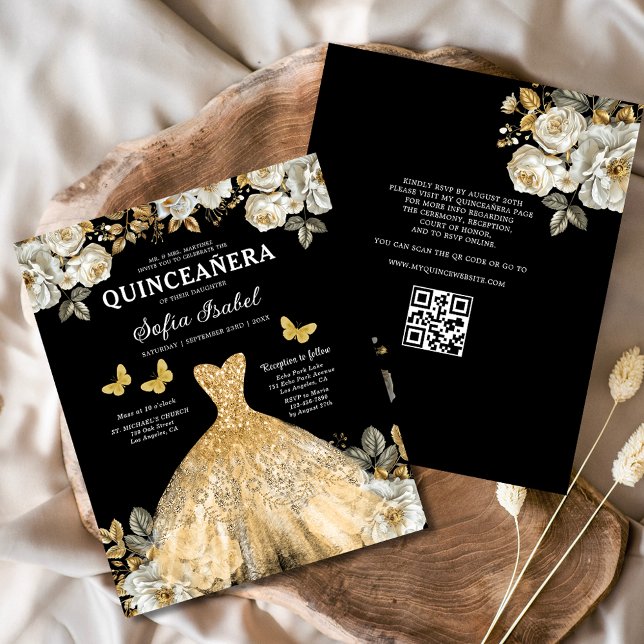 Budget Floral Gold QR Code Princess Quinceanera (Creator Uploaded)