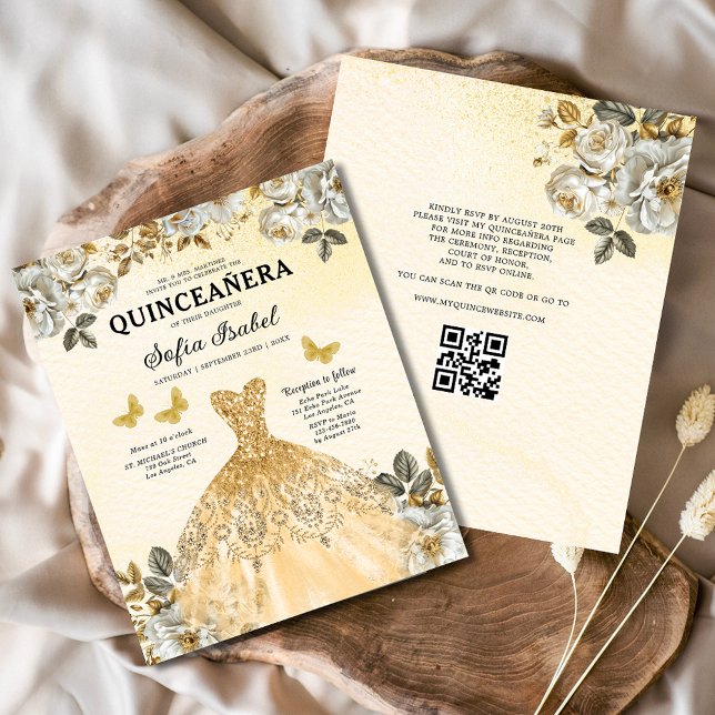 Budget Floral Gold QR Code Princess Quinceanera (Creator Uploaded)