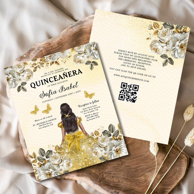 Budget Floral Gold QR Code Princess Quinceanera Flyer (Creator Uploaded)