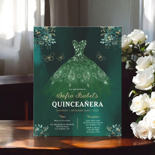 Budget  Floral Green Bilingual Spanish Quinceanera Flyer (Creator Uploaded)