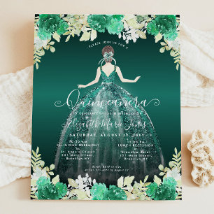 Budget Floral Green Dress Gown Quinceanera Invite