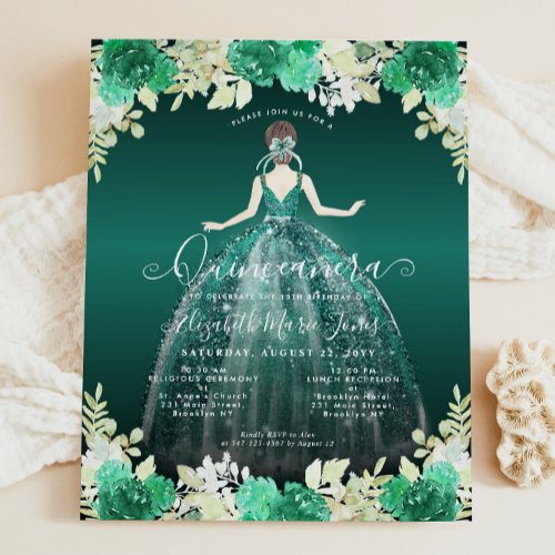 Budget Floral Green Dress Gown Quinceanera Invite