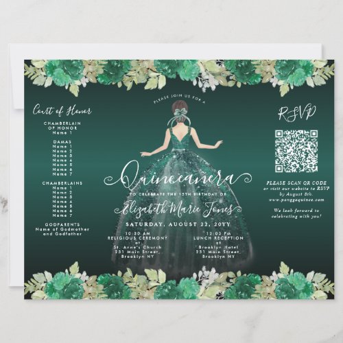Budget Floral Green Dress Photo Quinceanera Invite