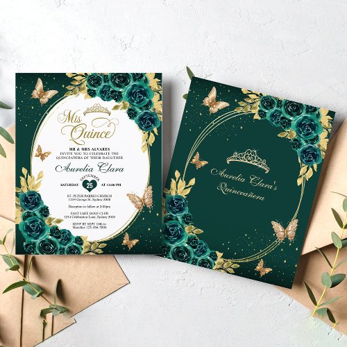 BUDGET Floral Green Gold Butterfly Quinceanera