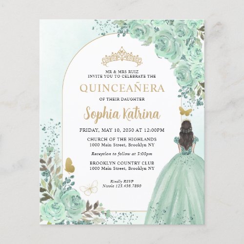 Budget Floral Green Gold Chic Princess Quinceanera