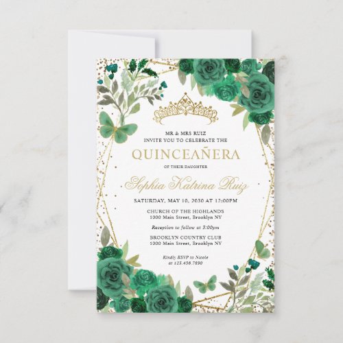 Budget Floral Green Gold Tiara Quinceaera Invite
