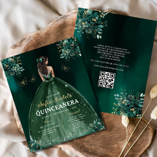 Budget Floral Green Gown Dress QR Code Quinceanera Flyer