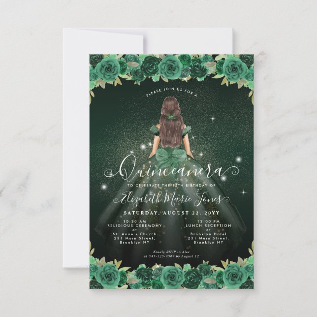 Budget Floral Green Princess Birthday Quinceanera Note Card (Front)