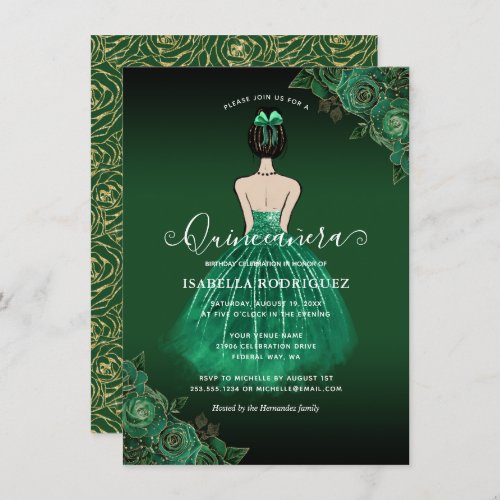 Budget Floral Green Princess Gold Quinceaera Note Card