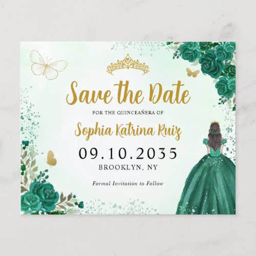 Budget Floral Green Quinceanera Save the Date