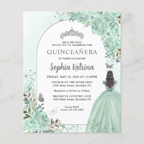 Budget Floral Green Silver Princess Quinceanera