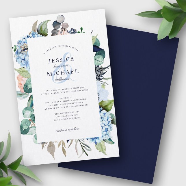 Budget Floral Greenery Blue Wedding Invitation (Creator Uploaded)