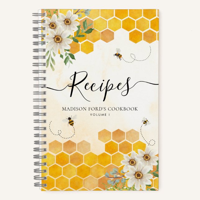Budget Floral Honeycomb Bumble Honey Bee Recipe Notebook (Front)