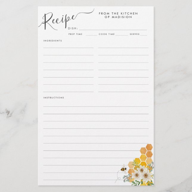 Budget Floral Honeycomb Bumblebee Kitchen Recipe Flyer (Front)
