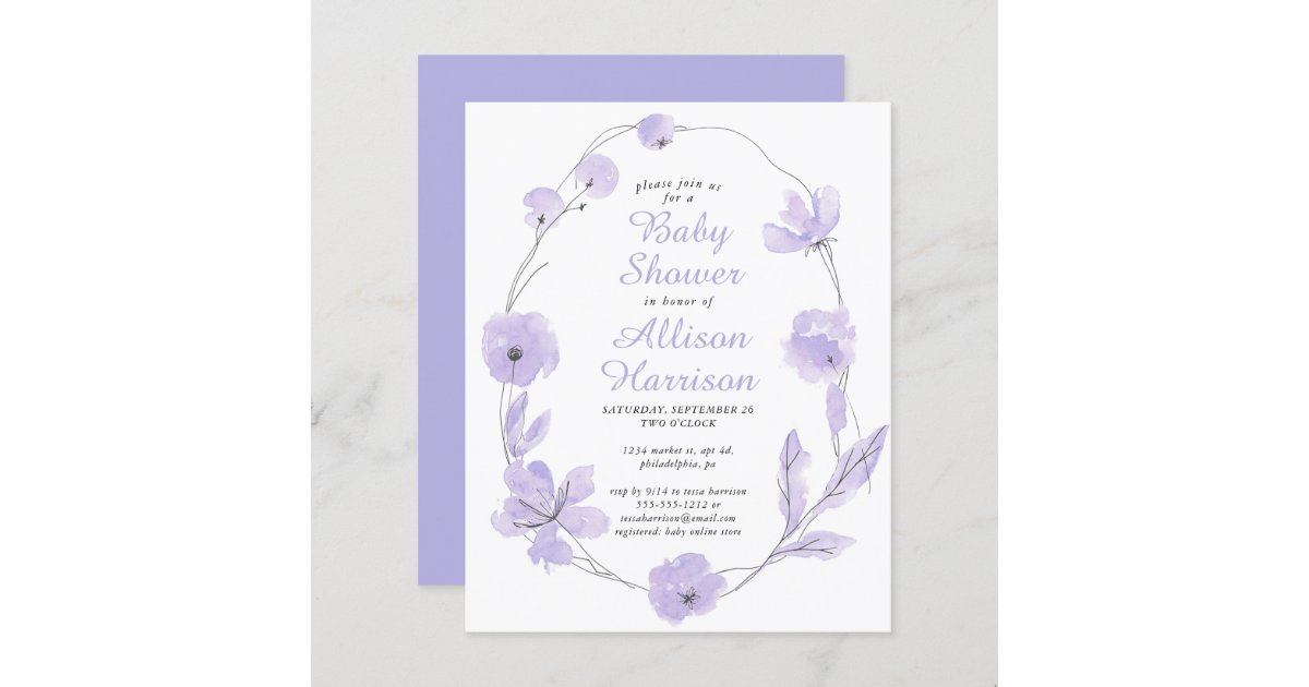 Lavender Baby Shower Invitation, Floral Garden Baby Birthday Invite Ga