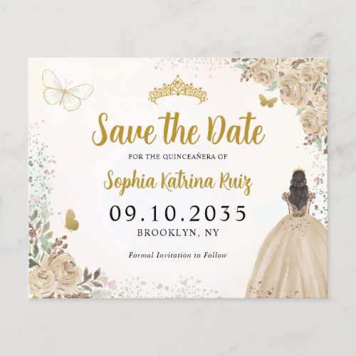 Budget Floral Light Gold Quinceanera Save the Date