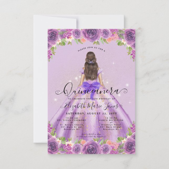 Budget Floral Light Purple Princess Quinceanera Note Card (Front)