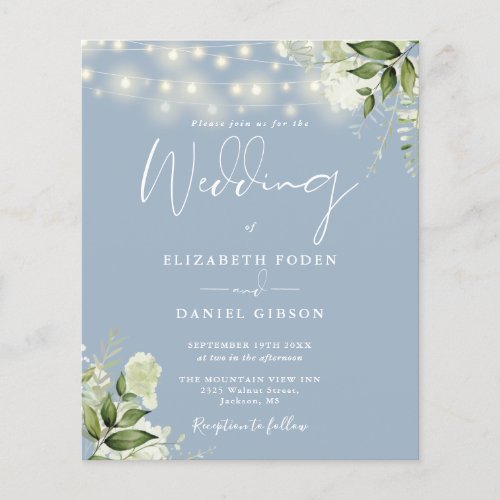 Budget Floral Lights Dusty Blue Wedding Invitation