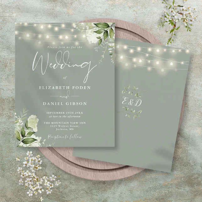 Budget Floral Lights Sage Green Wedding Invitation | Zazzle